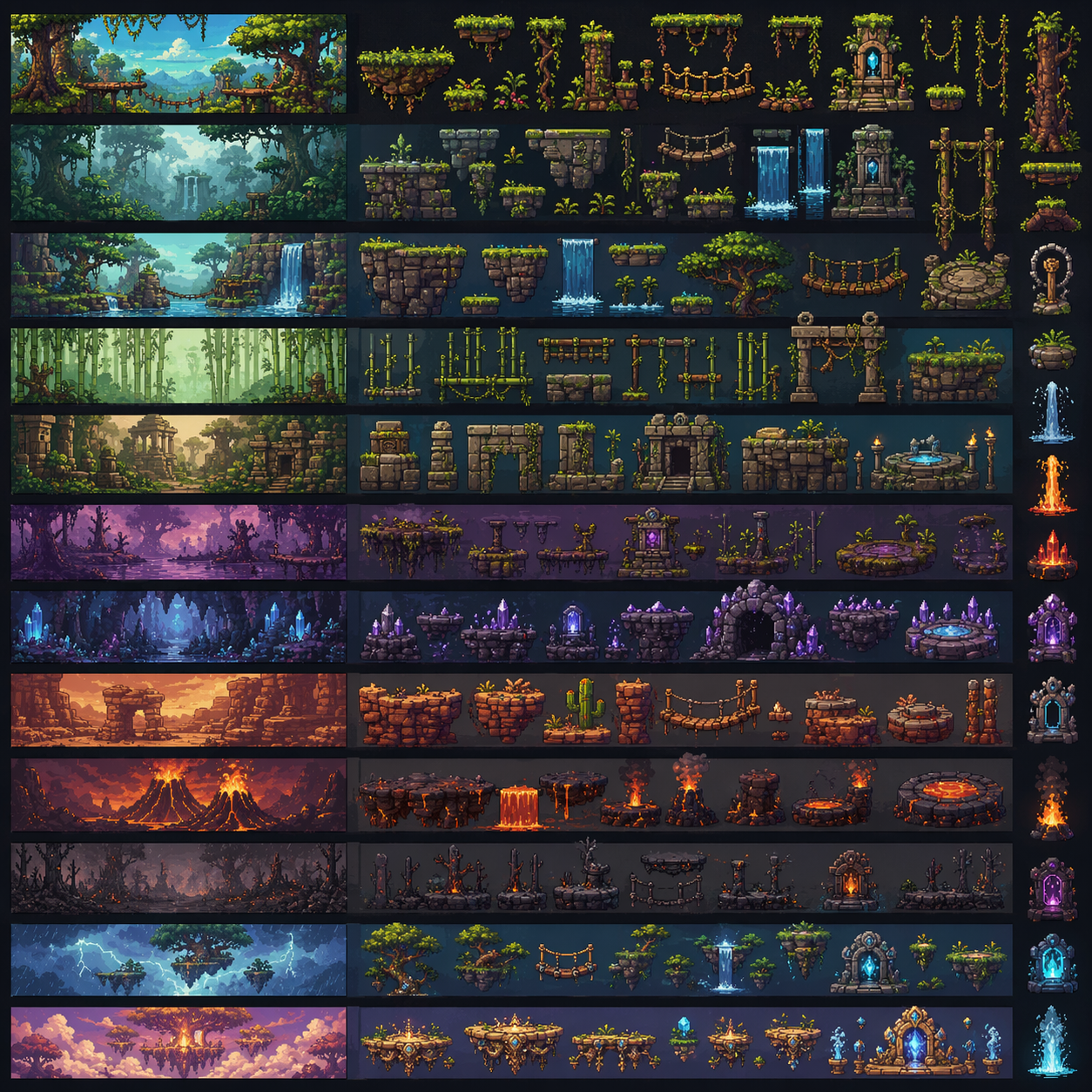 Biome bushes, platforms, rocks, vines, and terrain props sprite sheet