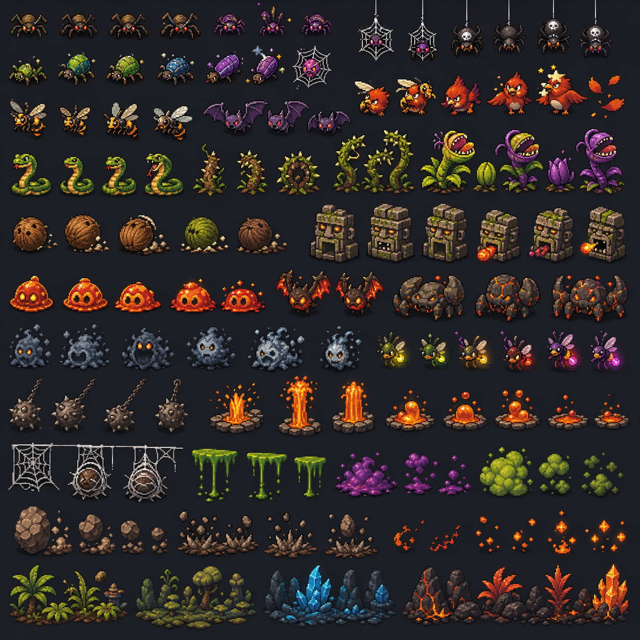 Enemy hazard sprite sheet with creatures, traps, and impact-ready hazards