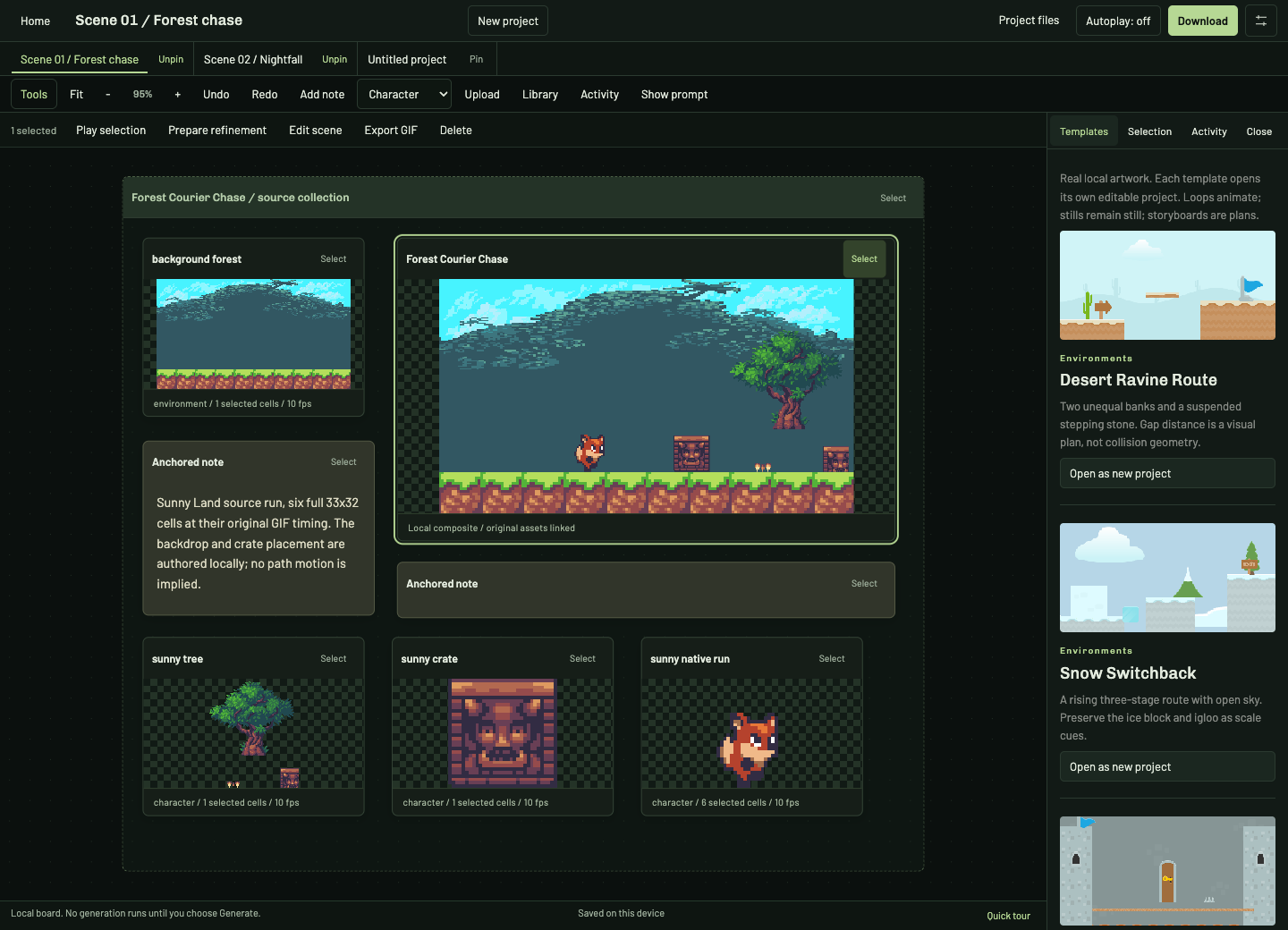 Actual desktop studio with grouped environment and character assets, notes and pinned projects